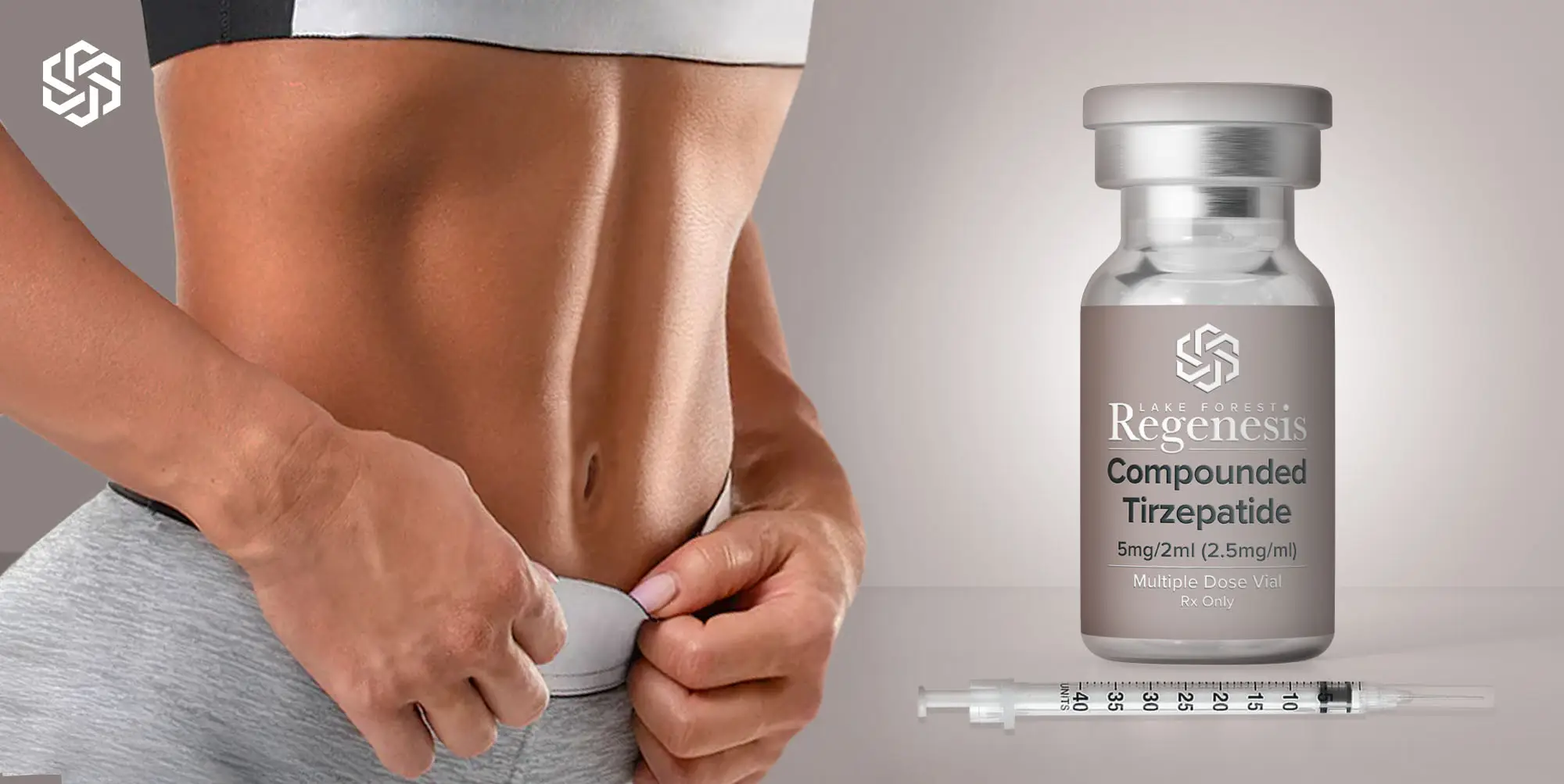 Abdominal area of an adult woman alongside a vial labeled compounded tirzepatide, representing medically supervised weight loss treatment