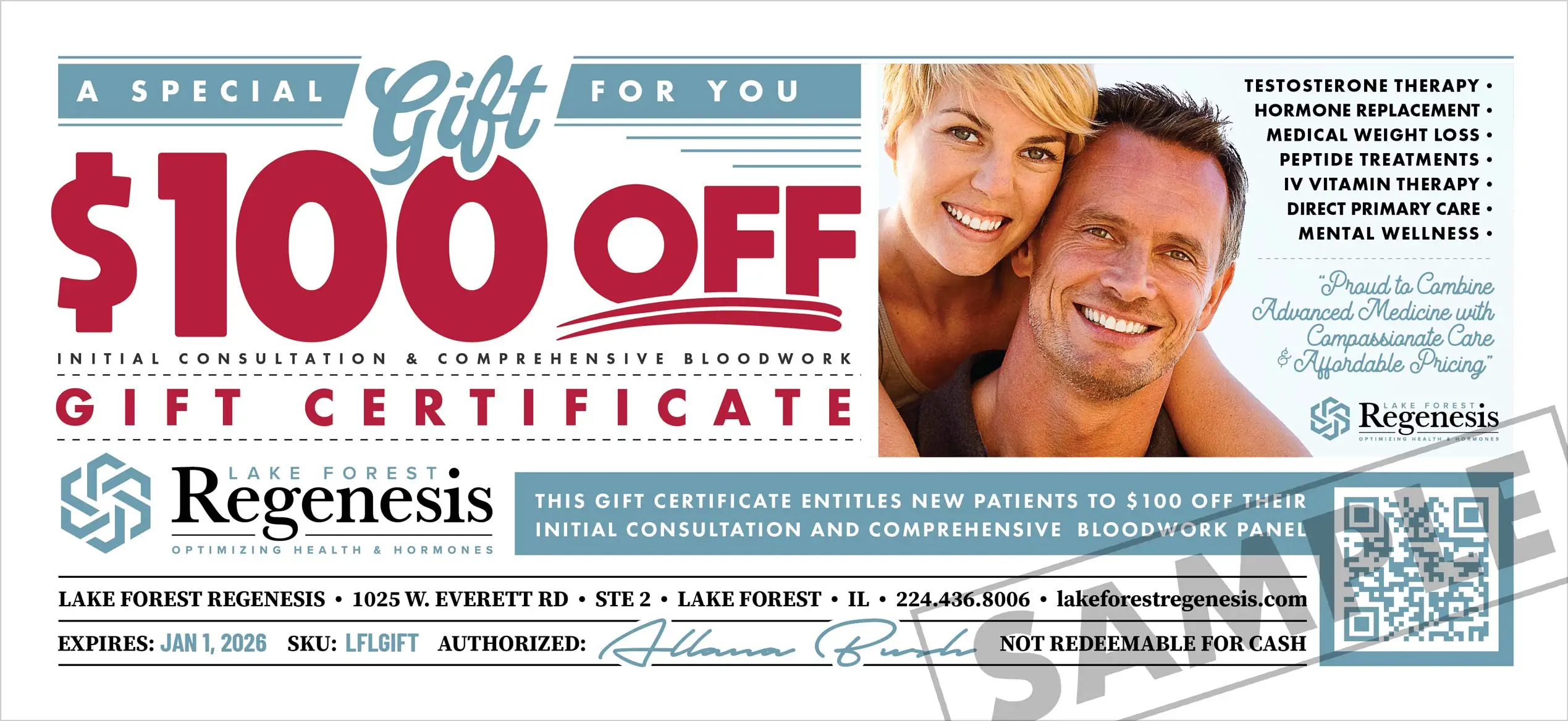 Lake Forest Regenesis gift certificate for wellness and hormone services