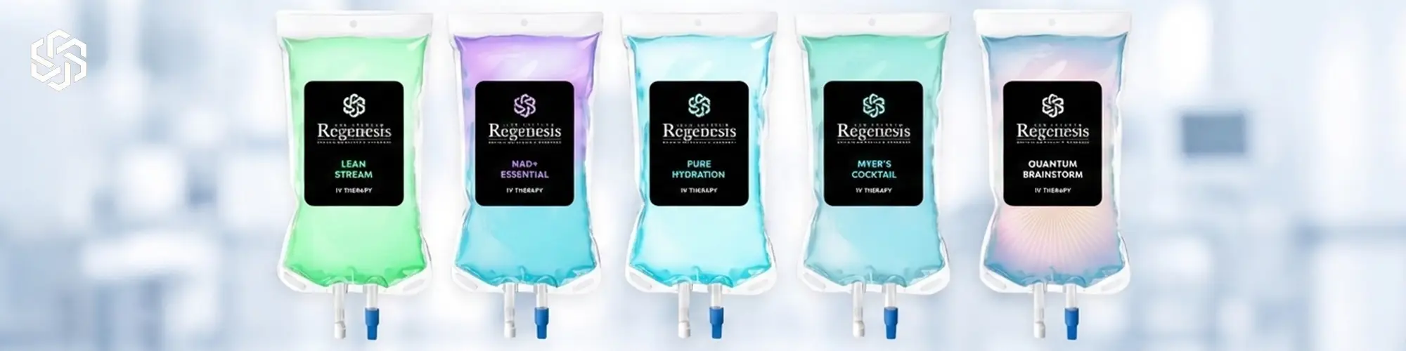 IV therapy bags showing different nutrient treatments for hydration, energy, and wellness