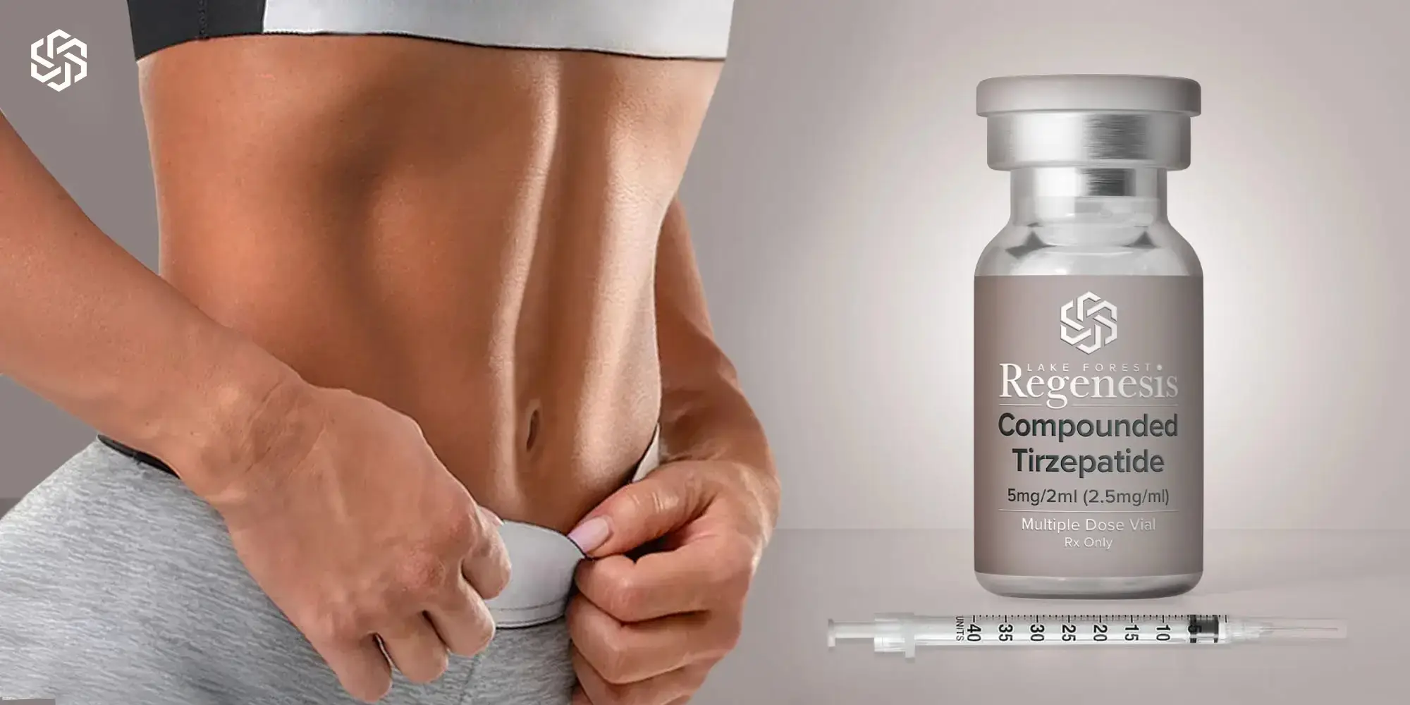 Person preparing an injection in the abdomen next to a vial of compounded tirzepatide medication