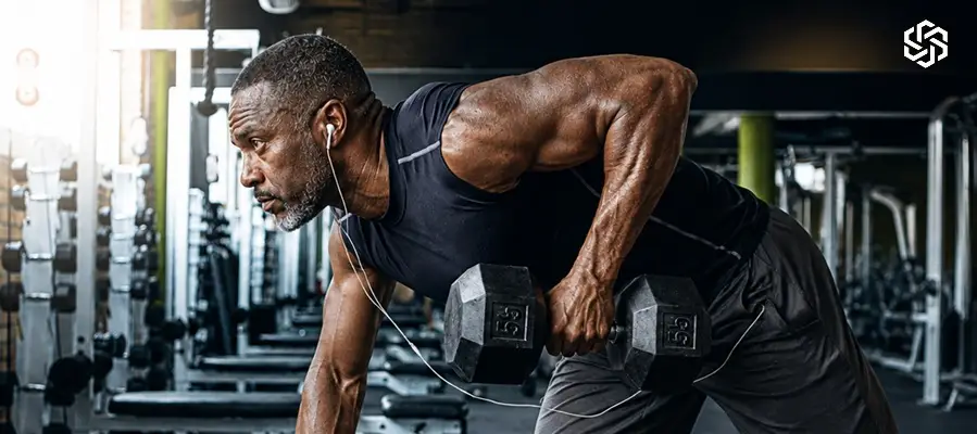 Man lifting dumbbells during strength training on testosterone replacement therapy page.