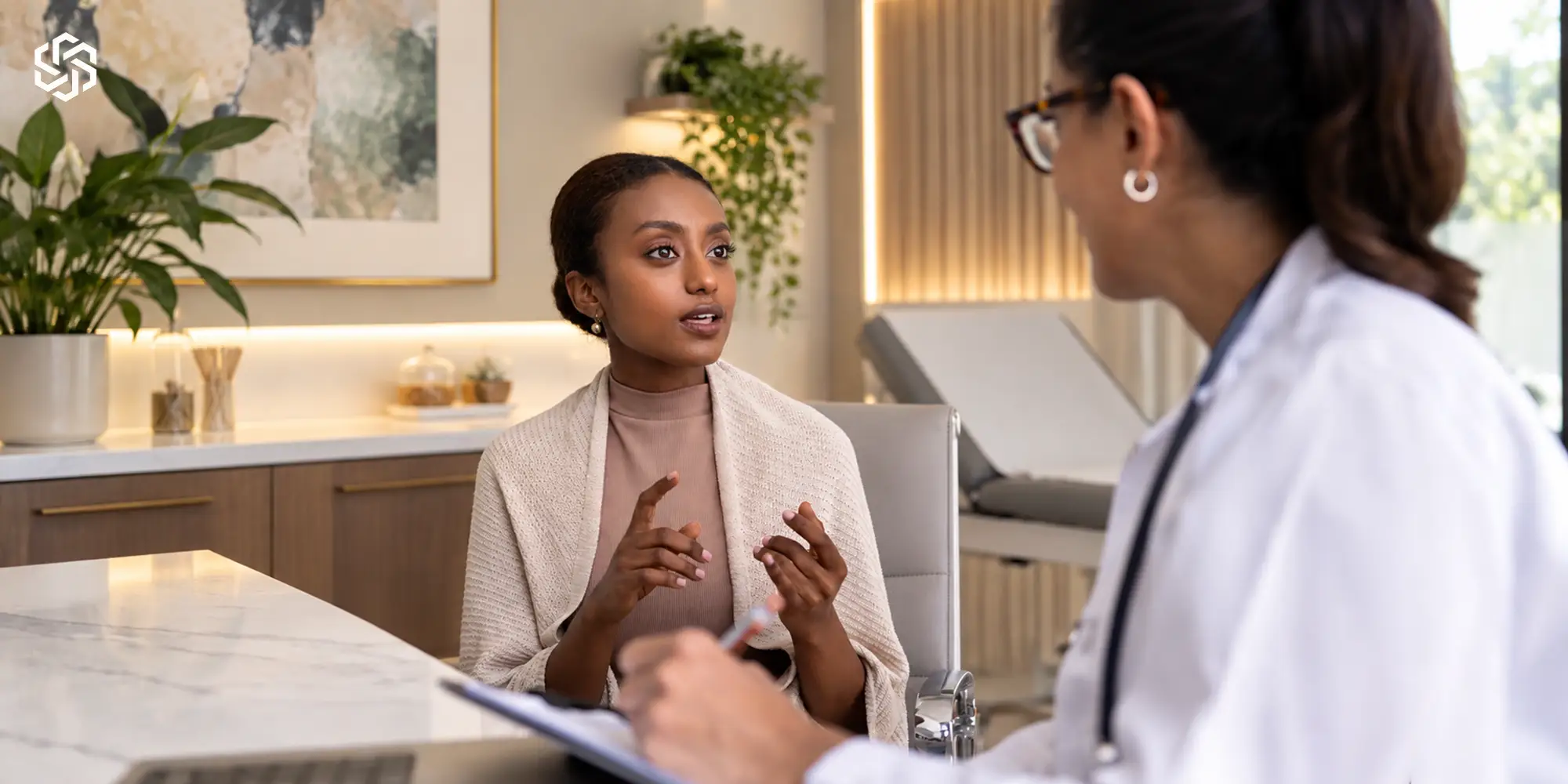 Woman discussing hormone and wellness concerns with a healthcare provider in a modern medical clinic.