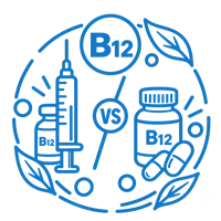 Line-art B12 syringe and B12 supplement bottle separated by a VS symbol