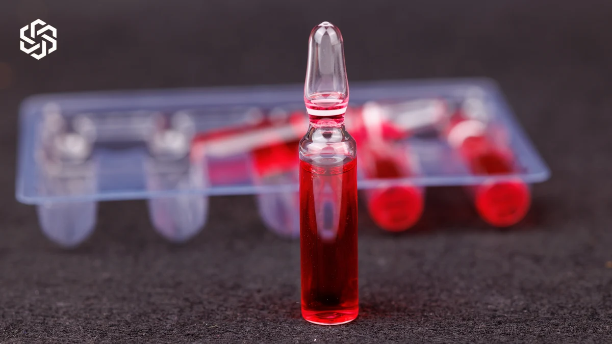 Vial of red vitamin B12 in front of a tray of vials