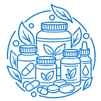 Line-art supplement bottles and capsules with leaves
