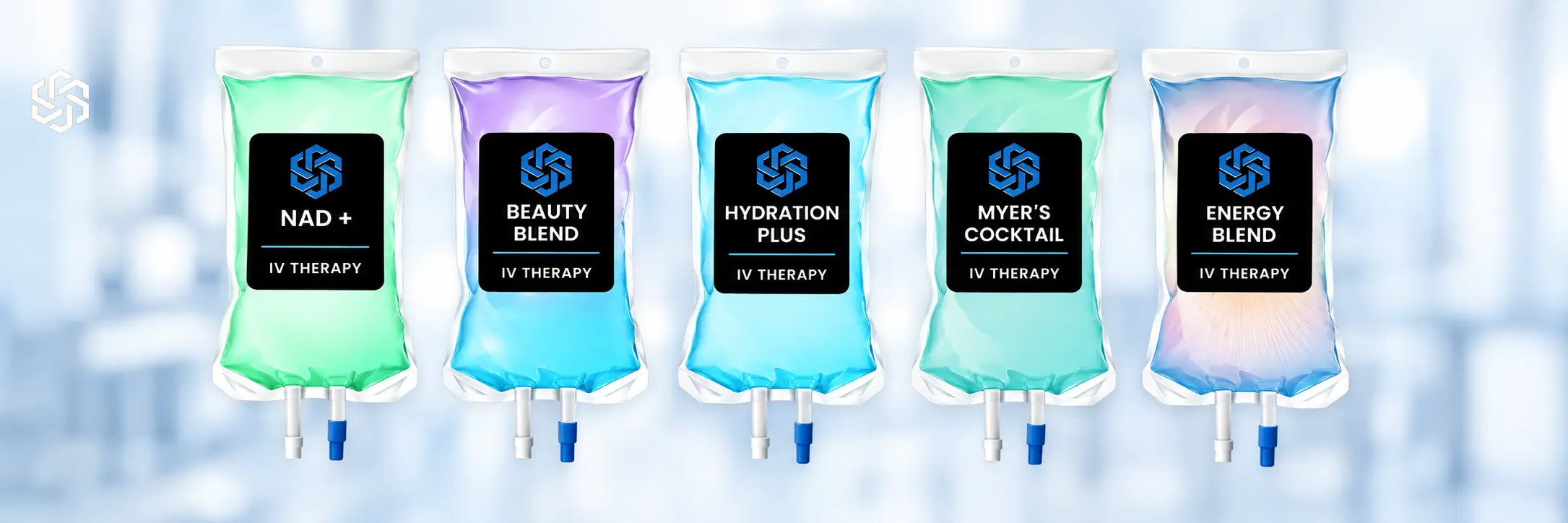 Five IV therapy bags in pastel colors with Lake Forest Regenesis labels