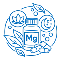 Line-art magnesium supplement bottle with capsules, a lotus and a crescent moon