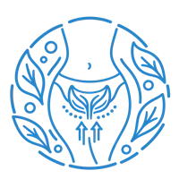 Line-art pelvic floor outline with upward support arrows and leaves