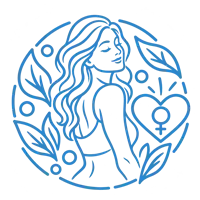 Line-art woman with a heart and female symbol inside a leafy circle