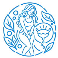 Line-art woman with a bladder and water droplets inside a leafy circle