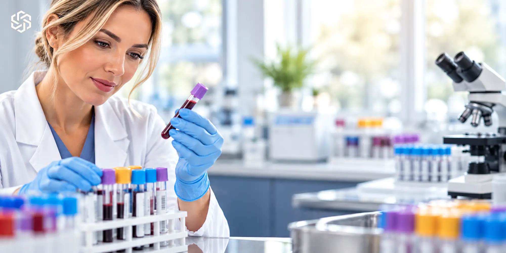 Lab professional in gloves holding a blood sample tube in a laboratory