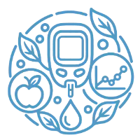 A glucose meter with a blood drop, a trend graph and an apple