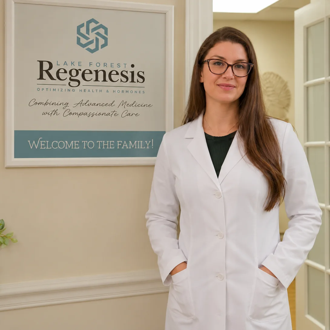 Allana Bush, FNP-C, standing beside the Lake Forest Regenesis welcome sign