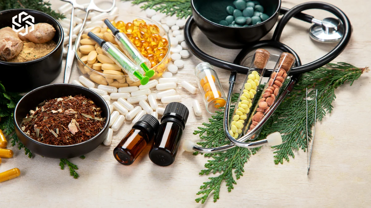 Herbal supplements and capsules with a stethoscope