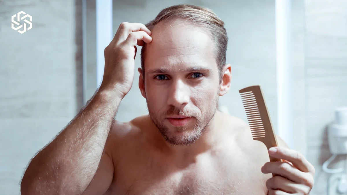 Man checking his hairline in the mirror for signs of hair thinning