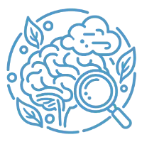 A brain outline with a small cloud and a magnifying glass