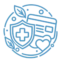 Shield with a medical cross in front of a membership card with a heart