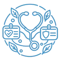 Stethoscope shaped like a heart between two membership cards with heart and shield symbols