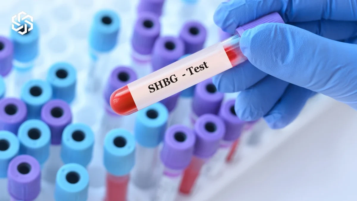 Gloved hand holding an SHBG blood test tube