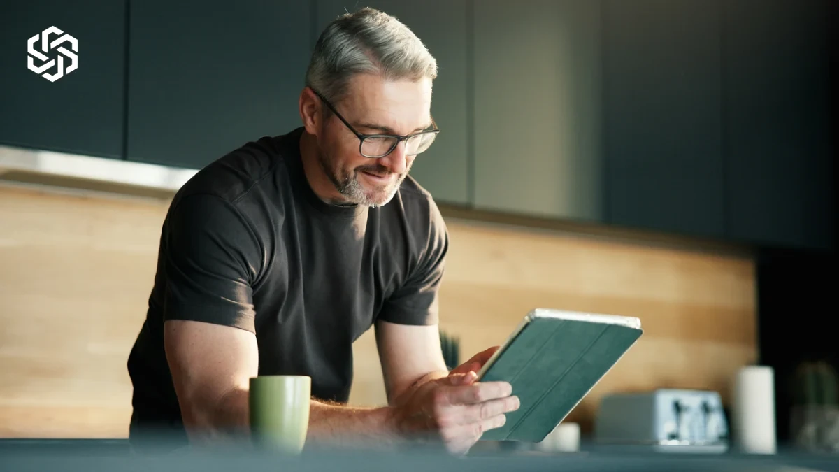 Man reviewing a tablet in his kitchen