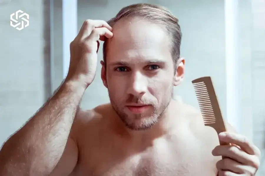 Man checking his hairline in the mirror