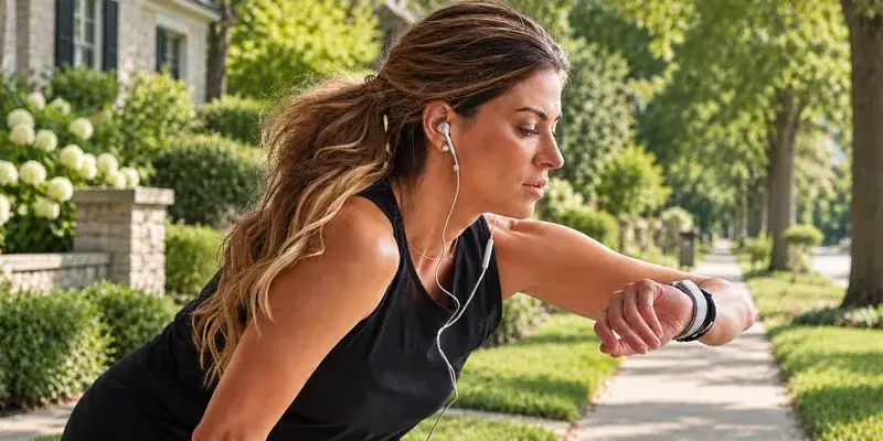 Woman checking her fitness watch during a run on a tree-lined path