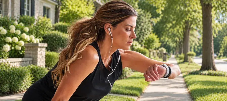 Woman checking her fitness watch during a run on a tree-lined path