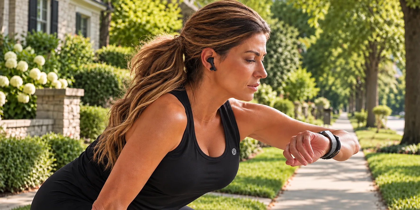 Fit woman in her 40s pausing on a tree-lined North Shore sidewalk to check her fitness watch