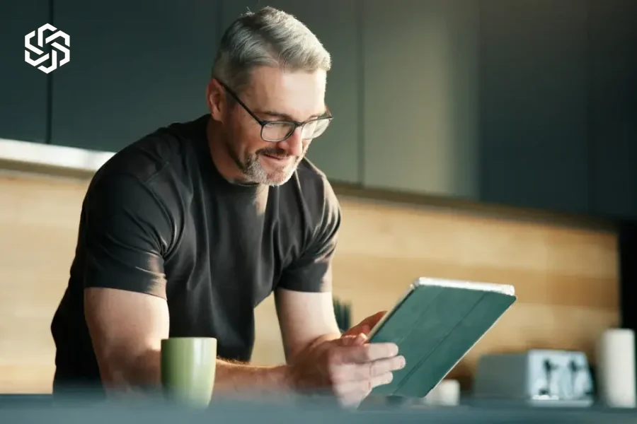 Man reviewing a tablet in his kitchen
