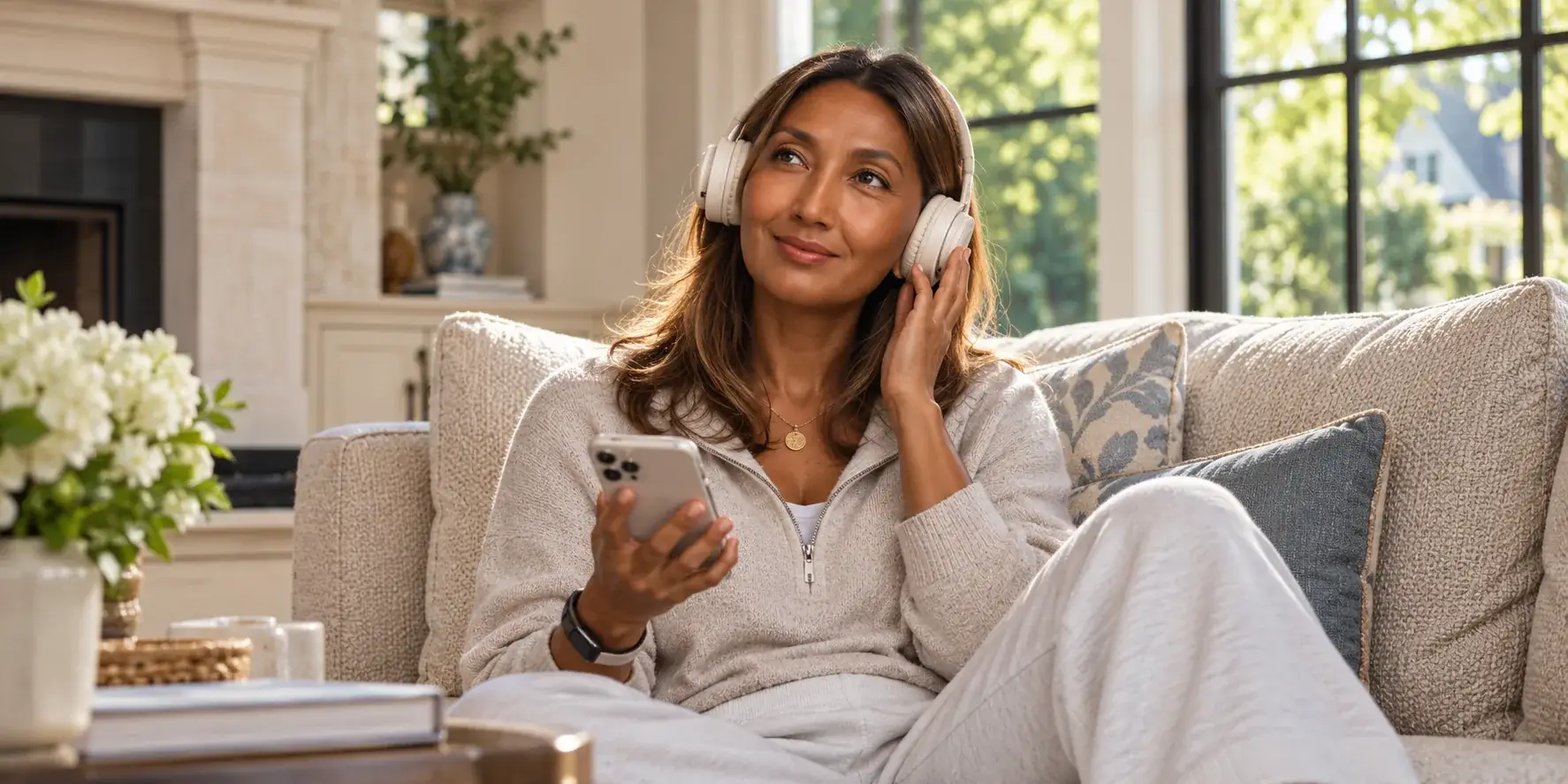 Woman relaxing on a sofa with headphones and her phone