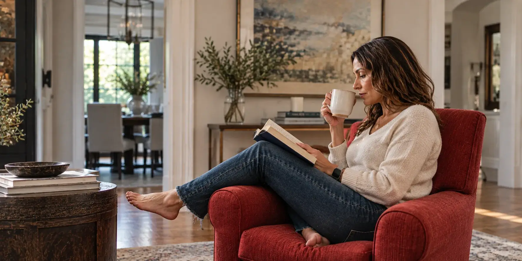 Woman reading with a cup of tea in an armchair