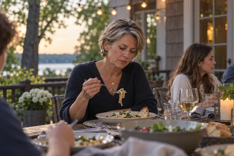 Woman hesitating over a plate of pasta at a family dinner