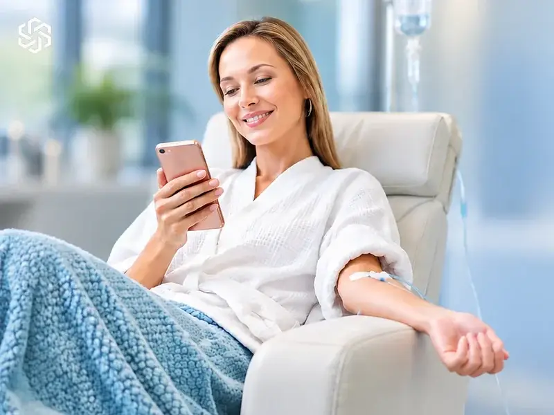 Woman smiling at her phone in a recliner during an IV therapy session