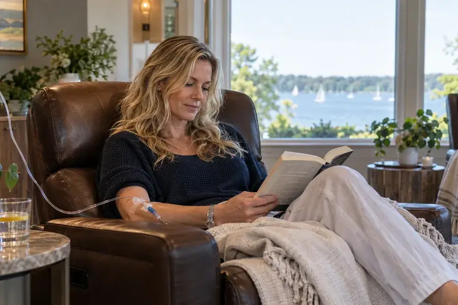 Woman relaxing in a recliner during an IV infusion