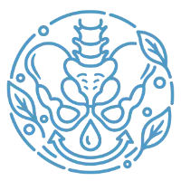 A simple stylized pelvis outline with a small water droplet and a supportive curved arrow beneath it, with a couple of leaves