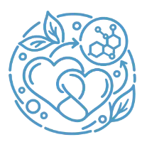 Two interlocking hearts with a small hormone molecule bubble and a leaf