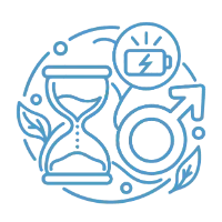 An hourglass beside a male symbol with a battery bubble