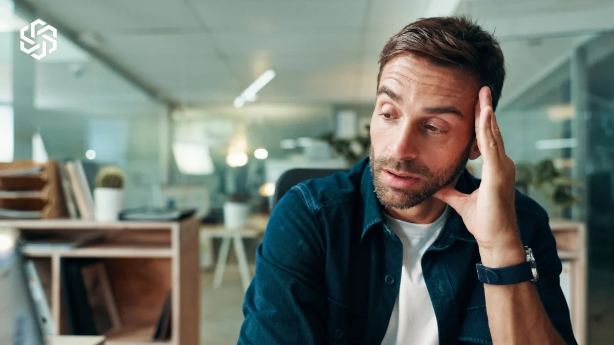 Frustrated man with a headache at work