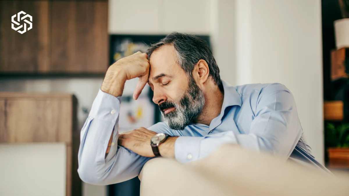 Man with a headache resting his head on his hand