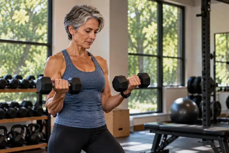 Woman lifting dumbbells in a bright gym