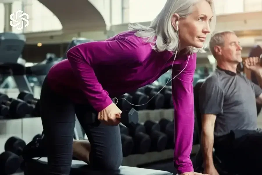 Mature woman lifting weights at the gym