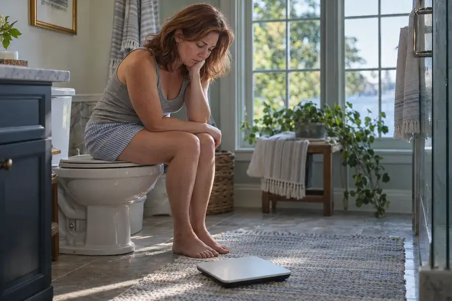 Discouraged woman sitting in her bathroom near a scale