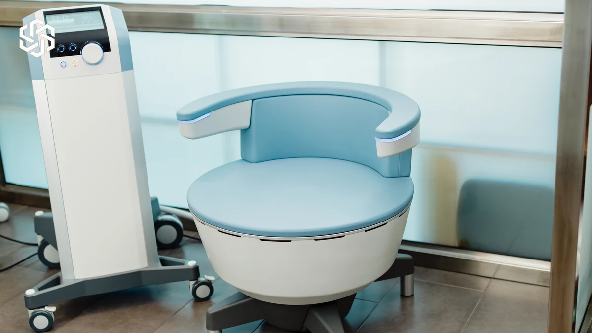Pelvic floor treatment chair in a bright clinic room
