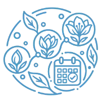 A timeline with a flower growing from bud to bloom and a calendar
