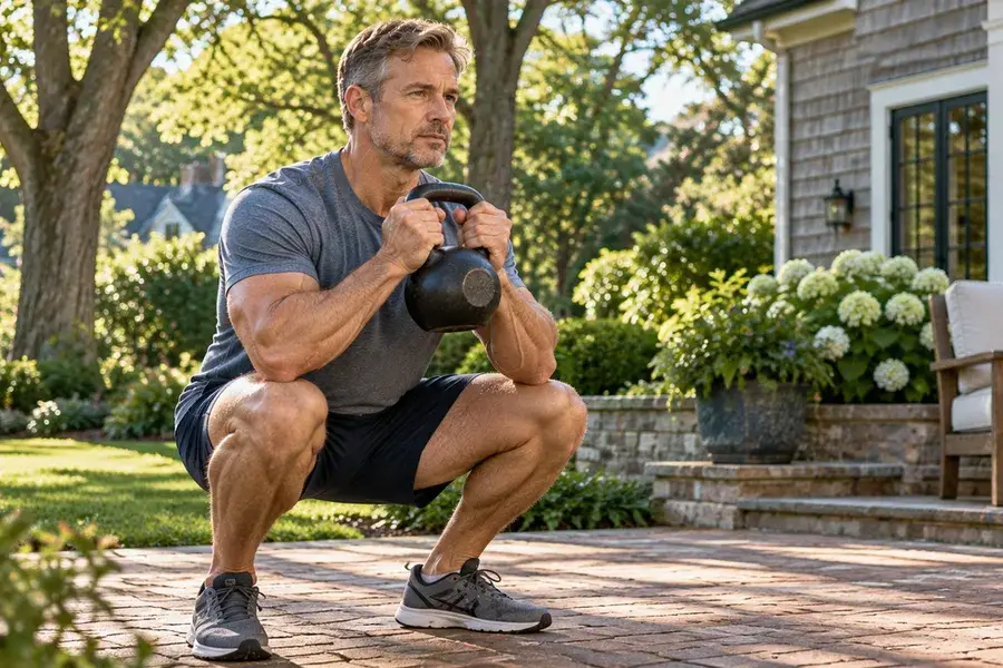 Man doing kettlebell goblet squats on his patio