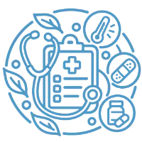 Medical clipboard with a stethoscope and bubbles showing a thermometer, bandage and medication