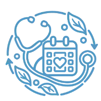 Stethoscope looped around a calendar with a heart and a circular arrow
