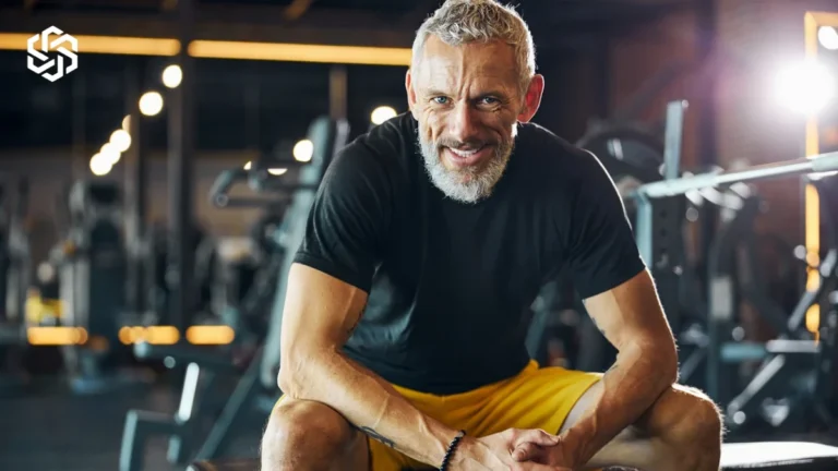 Smiling man resting on a weight bench at the gym, illustrating total vs. free testosterone