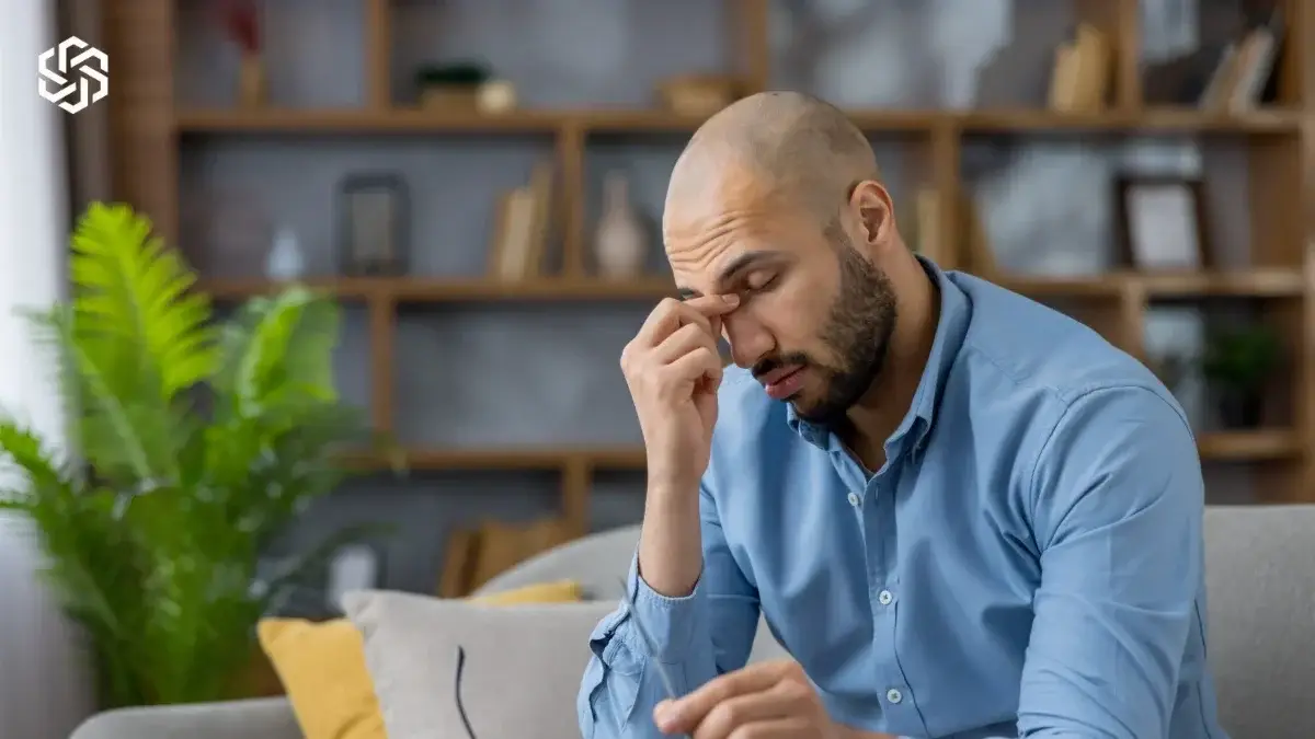 Man on a couch rubbing his eyes, looking tired and unwell
