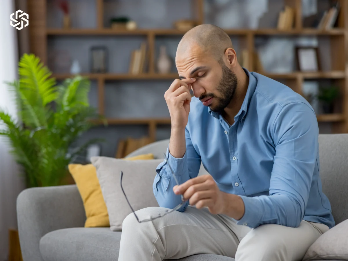 Man on a couch rubbing his eyes, looking tired and unwell, illustrating common symptoms such as fatigue